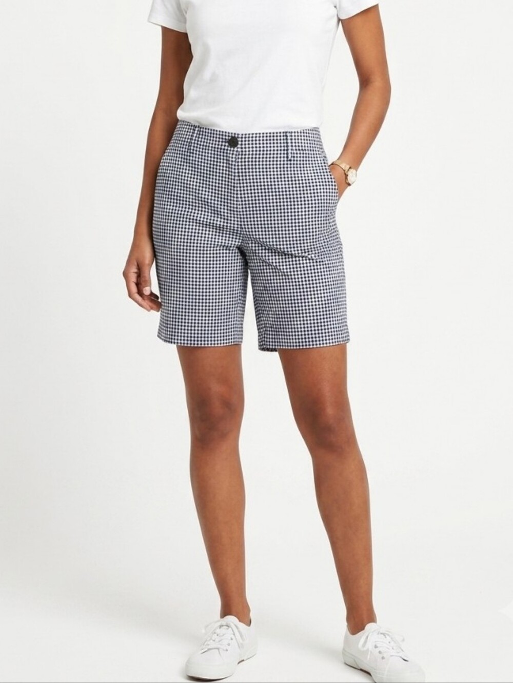 Talbots Classic Navy Blue & White Gingham Cotton Chino Shorts Size 14